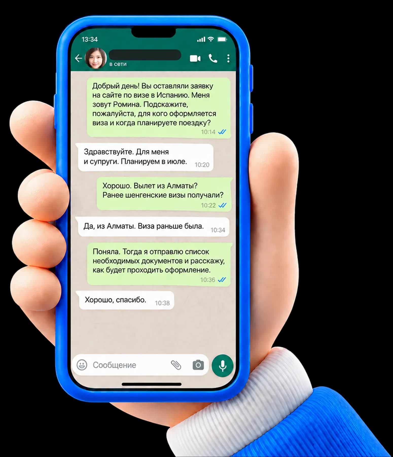 Пример общения с визовым специалистом в WhatsApp